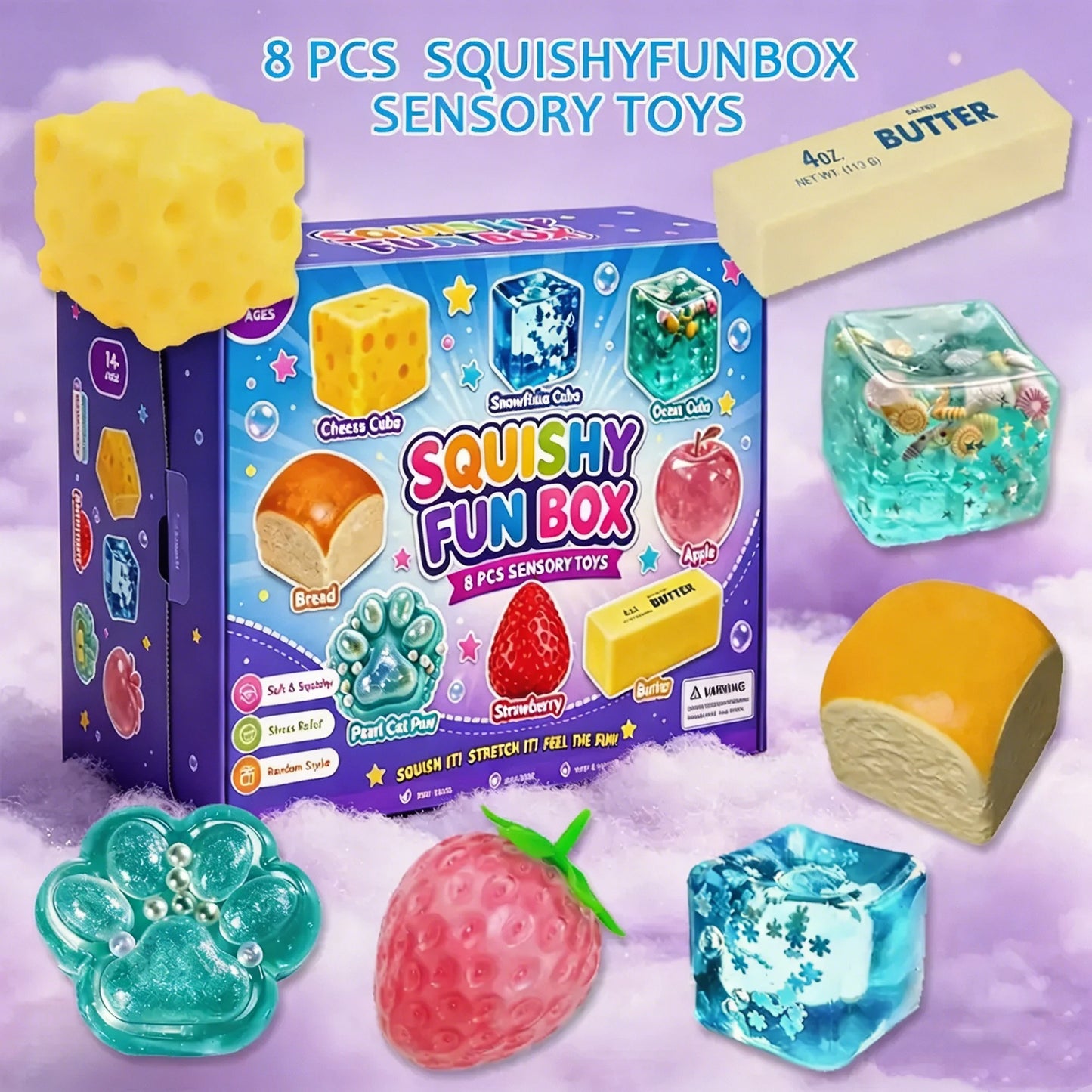 🏆1 Bestselling🏆8-Piece Set Mystery Squishy Box Malt Sugar Stress Relief Fidget Toys